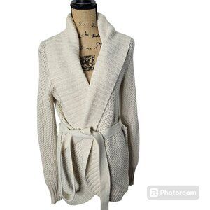 Y2k Cozy Neutral Cream Sparkle Tie Waist Chunky Sweater